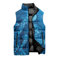 Blue Gradient Polynesia Jellyfish Sleeveless Puffer Jacket Plumeria Polynesian Tattoo Glowing Vibes