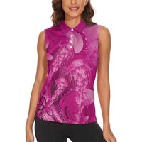 Pink Gradient Polynesia Jellyfish Women Sleeveless Polo Shirt Plumeria Polynesian Tattoo Glowing Vibes
