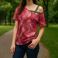 Red Gradient Polynesia Jellyfish Cross Shoulder Shirt Plumeria Polynesian Tattoo Glowing Vibes