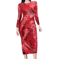 Red Gradient Polynesia Jellyfish Family Matching Long Sleeve Bodycon Dress and Hawaiian Shirt Plumeria Polynesian Tattoo Glowing Vibes LT14 Mom's Dress Red - Polynesian Pride