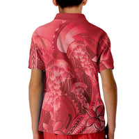 Red Gradient Polynesia Jellyfish Kid Polo Shirt Plumeria Polynesian Tattoo Glowing Vibes