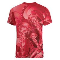 Red Gradient Polynesia Jellyfish Women V-Neck T-Shirt Plumeria Polynesian Tattoo Glowing Vibes