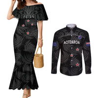Custom New Zealand Silver Fern Football Couples Matching Mermaid Dress and Long Sleeve Button Shirt Summer 2024 Olympic Go Aotearoa LT14 Black - Polynesian Pride