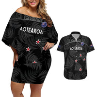Custom New Zealand Silver Fern Football Couples Matching Off Shoulder Short Dress and Hawaiian Shirt Summer 2024 Olympic Go Aotearoa LT14 Black - Polynesian Pride
