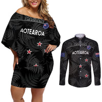 Custom New Zealand Silver Fern Football Couples Matching Off Shoulder Short Dress and Long Sleeve Button Shirt Summer 2024 Olympic Go Aotearoa LT14 Black - Polynesian Pride