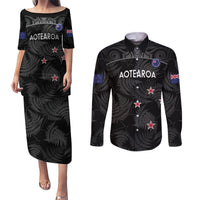 Custom New Zealand Silver Fern Football Couples Matching Puletasi and Long Sleeve Button Shirt Summer 2024 Olympic Go Aotearoa LT14 Black - Polynesian Pride