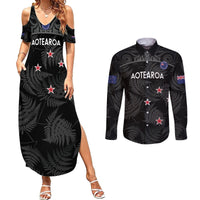 Custom New Zealand Silver Fern Football Couples Matching Summer Maxi Dress and Long Sleeve Button Shirt Summer 2024 Olympic Go Aotearoa LT14 Black - Polynesian Pride