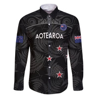 Custom New Zealand Silver Fern Football Family Matching Puletasi and Hawaiian Shirt Summer 2024 Olympic Go Aotearoa LT14 Dad's Shirt - Long Sleeve Black - Polynesian Pride