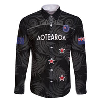 Custom New Zealand Silver Fern Football Family Matching Summer Maxi Dress and Hawaiian Shirt Summer 2024 Olympic Go Aotearoa LT14 Dad's Shirt - Long Sleeve Black - Polynesian Pride