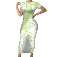 Polynesian Tiare Flower Sage Green Pastel Short Sleeve Bodycon Dress LT14 Long Dress Sage Green - Polynesian Pride
