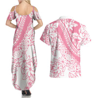 Polynesian Tiare Flower Pink Pastel Vibes Couples Matching Summer Maxi Dress and Hawaiian Shirt