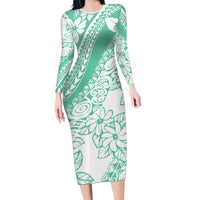Polynesian Tiare Flower Cyan Pastel Vibes Long Sleeve Bodycon Dress