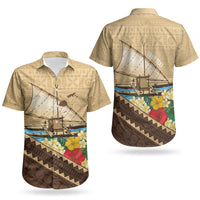 Personalised Bula Vinaka Fiji Drua Couples Matching Short Sleeve Bodycon Dress and Hawaiian Shirt Fijian Traditional Canoe Tapa Cloth Beige LT14 - Polynesian Pride