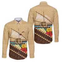 Personalised Bula Vinaka Fiji Drua Family Matching Long Sleeve Bodycon Dress and Hawaiian Shirt Fijian Traditional Canoe Tapa Cloth Beige LT14 Dad's Shirt - Long Sleeve Beige - Polynesian Pride