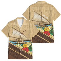 Personalised Bula Vinaka Fiji Drua Family Matching Off Shoulder Maxi Dress and Hawaiian Shirt Fijian Traditional Canoe Tapa Cloth Beige LT14 Dad's Shirt - Short Sleeve Beige - Polynesian Pride