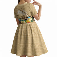 Personalised Bula Vinaka Fiji Drua Kid Short Sleeve Dress Fijian Traditional Canoe Tapa Cloth Beige