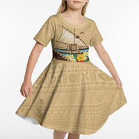 Personalised Bula Vinaka Fiji Drua Kid Short Sleeve Dress Fijian Traditional Canoe Tapa Cloth Beige