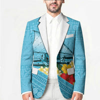 Personalised Bula Vinaka Fiji Drua Blazer Fijian Traditional Canoe Tapa Cloth Blue LT14 - Polynesian Pride