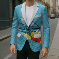 Personalised Bula Vinaka Fiji Drua Blazer Fijian Traditional Canoe Tapa Cloth Blue LT14 - Polynesian Pride