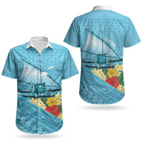 Personalised Bula Vinaka Fiji Drua Couples Matching Long Sleeve Bodycon Dress and Hawaiian Shirt Fijian Traditional Canoe Tapa Cloth Blue LT14 - Polynesian Pride