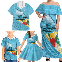 Personalised Bula Vinaka Fiji Drua Family Matching Off Shoulder Maxi Dress and Hawaiian Shirt Fijian Traditional Canoe Tapa Cloth Blue