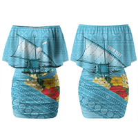 Personalised Bula Vinaka Fiji Drua Family Matching Off Shoulder Short Dress and Hawaiian Shirt Fijian Traditional Canoe Tapa Cloth Blue LT14 Mom's Dress Blue - Polynesian Pride