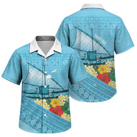 Personalised Bula Vinaka Fiji Drua Family Matching Off Shoulder Short Dress and Hawaiian Shirt Fijian Traditional Canoe Tapa Cloth Blue LT14 Son's Shirt Blue - Polynesian Pride