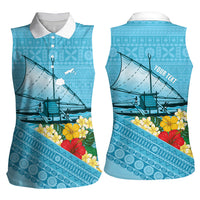 Personalised Bula Vinaka Fiji Drua Women Sleeveless Polo Shirt Fijian Traditional Canoe Tapa Cloth Blue LT14 - Polynesian Pride