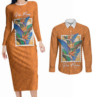 Aloha Hawaii Pua Manu Couples Matching Long Sleeve Bodycon Dress and Long Sleeve Button Shirt Hawaiian Bird of Paradise Flowers Stylized Stamp LT14 Orange - Polynesian Pride