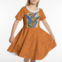 Aloha Hawaii Pua Manu Kid Short Sleeve Dress Hawaiian Bird of Paradise Flowers Stylized Stamp