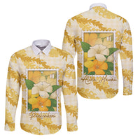 Aloha Hawaii Puakenikeni Family Matching Off Shoulder Short Dress and Hawaiian Shirt Hawaiian Lei Palaka Motifs Stylized Stamp LT14 Dad's Shirt - Long Sleeve Yellow - Polynesian Pride