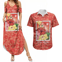 Aloha Hawaii Pua Aloalo Couples Matching Summer Maxi Dress and Hawaiian Shirt Hawaiian Hibiscus Flowers Stylized Stamp LT14 Red - Polynesian Pride