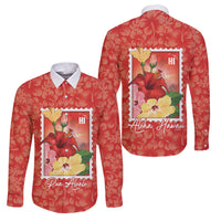 Aloha Hawaii Pua Aloalo Family Matching Off Shoulder Short Dress and Hawaiian Shirt Hawaiian Hibiscus Flowers Stylized Stamp LT14 Dad's Shirt - Long Sleeve Red - Polynesian Pride