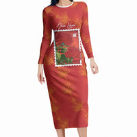 Aloha Hawaii Ohia Lehua Long Sleeve Bodycon Dress Hawaiian Lei Stylized Stamp LT14 Long Dress Red - Polynesian Pride