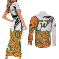 Custom Fiji And Australia Rugby Couples Matching Short Sleeve Bodycon Dress and Long Sleeve Button Shirt Fijian Palm Tree Mix Aussie Kangaroo LT14 - Polynesian Pride