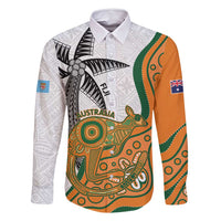 Custom Fiji And Australia Rugby Family Matching Mermaid Dress and Hawaiian Shirt Fijian Palm Tree Mix Aussie Kangaroo LT14 Dad's Shirt - Long Sleeve Gold - Polynesian Pride