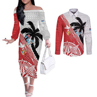 Fiji and Tonga Rugby Custom Couples Matching Off The Shoulder Long Sleeve Dress and Long Sleeve Button Shirt Flying Fijians Ikale Tahi Together Pacific - Polynesian Pride