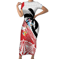 Fiji and Tonga Rugby Custom Family Matching Short Sleeve Bodycon Dress and Hawaiian Shirt Flying Fijians Ikale Tahi Together Pacific LT14 Mom's Dress Red - Polynesian Pride