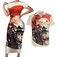 Samurai Warrior Japan Couples Matching Short Sleeve Bodycon Dress and Hawaiian Shirt Red-blossomed Tree Classic Japanese Stylized - Polynesian Pride