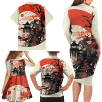 Samurai Warrior Japan Family Matching Long Sleeve Bodycon Dress and Hawaiian Shirt Red-blossomed Tree Classic Japanese Stylized - Polynesian Pride