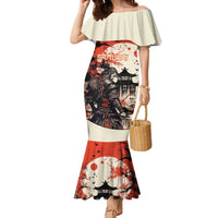 Samurai Warrior Japan Family Matching Mermaid Dress and Hawaiian Shirt Red-blossomed Tree Classic Japanese Stylized - Polynesian Pride
