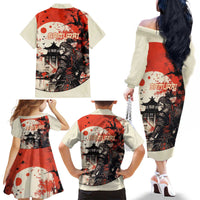 Samurai Warrior Japan Family Matching Off The Shoulder Long Sleeve Dress and Hawaiian Shirt Red-blossomed Tree Classic Japanese Stylized - Polynesian Pride