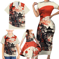 Samurai Warrior Japan Family Matching Short Sleeve Bodycon Dress and Hawaiian Shirt Red-blossomed Tree Classic Japanese Stylized - Polynesian Pride