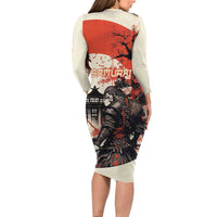 Samurai Warrior Japan Long Sleeve Bodycon Dress Red-blossomed Tree Classic Japanese Stylized - Polynesian Pride