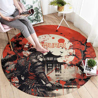 Samurai Warrior Japan Round Carpet Red-blossomed Tree Classic Japanese Stylized - Polynesian Pride