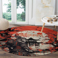 Samurai Warrior Japan Round Carpet Red-blossomed Tree Classic Japanese Stylized - Polynesian Pride