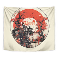 Samurai Warrior Japan Tapestry Red-blossomed Tree Classic Japanese Stylized - Polynesian Pride
