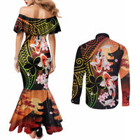 Hawaiian and Japanese Couples Matching Mermaid Dress and Long Sleeve Button Shirt Koi Fish With Kanaka Polynesian Tattoo LT14 - Polynesian Pride