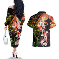 Hawaiian and Japanese Couples Matching Off The Shoulder Long Sleeve Dress and Hawaiian Shirt Koi Fish With Kanaka Polynesian Tattoo - Polynesian Pride