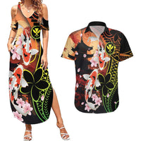 Hawaiian and Japanese Couples Matching Summer Maxi Dress and Hawaiian Shirt Koi Fish With Kanaka Polynesian Tattoo LT14 Black - Polynesian Pride